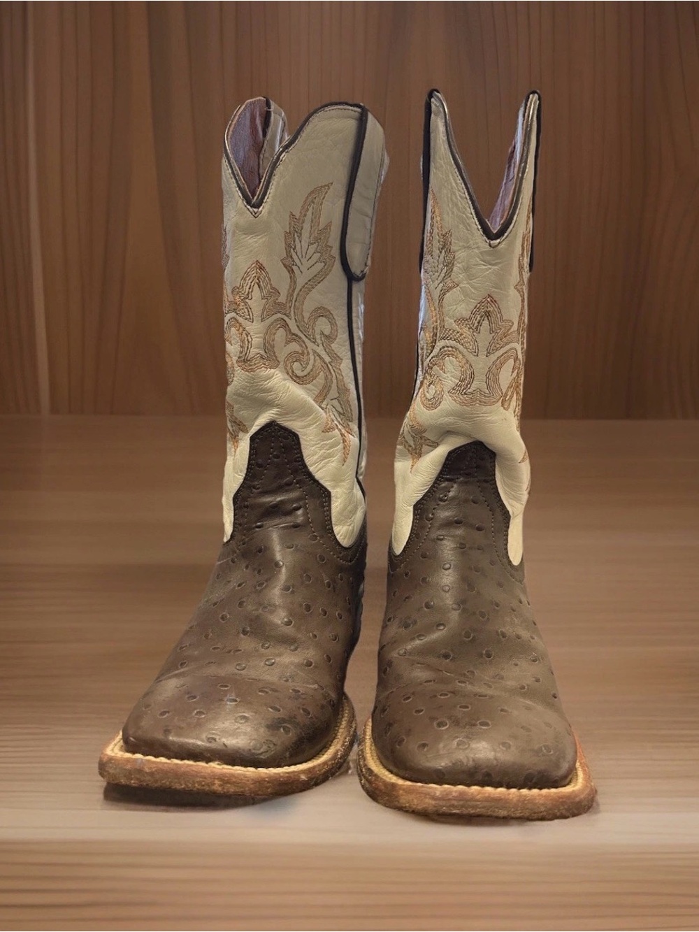 Tanner Mark Two-Tone Brown ostrich print and Cream Western Cowboy Boots